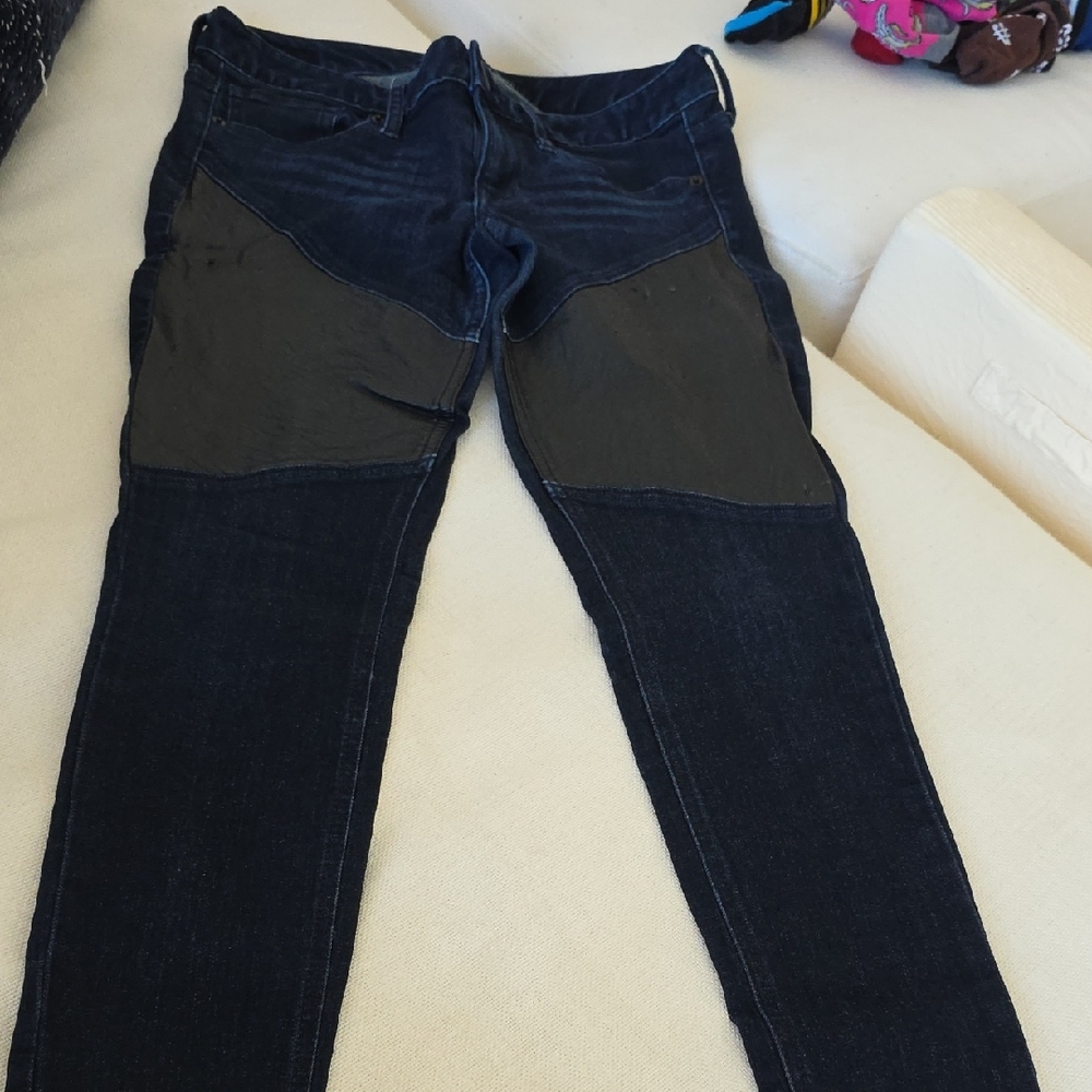 Express Women's Skinny Jeans - Dark Blue with Black leather inset
